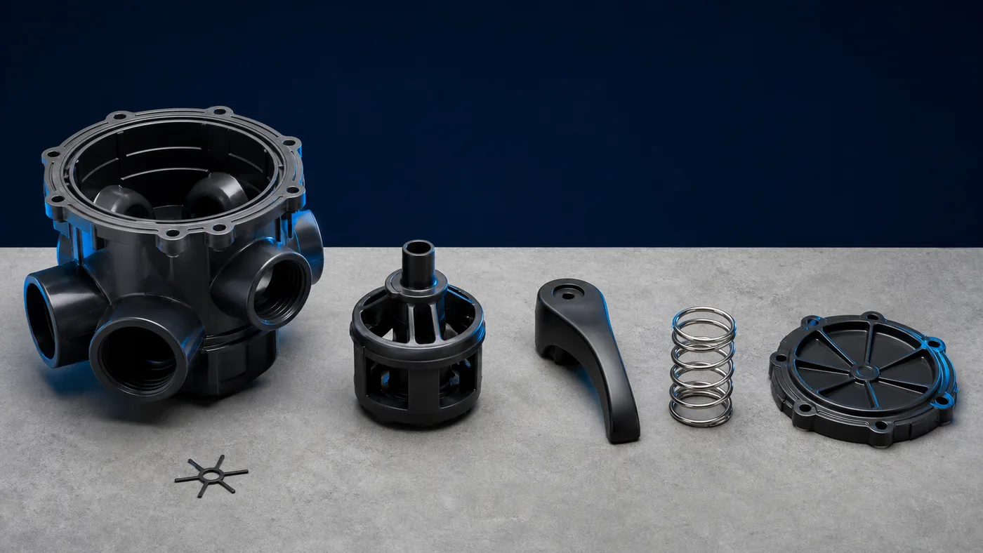 A multiport valve laid out in pieces beside the single small seal it contains