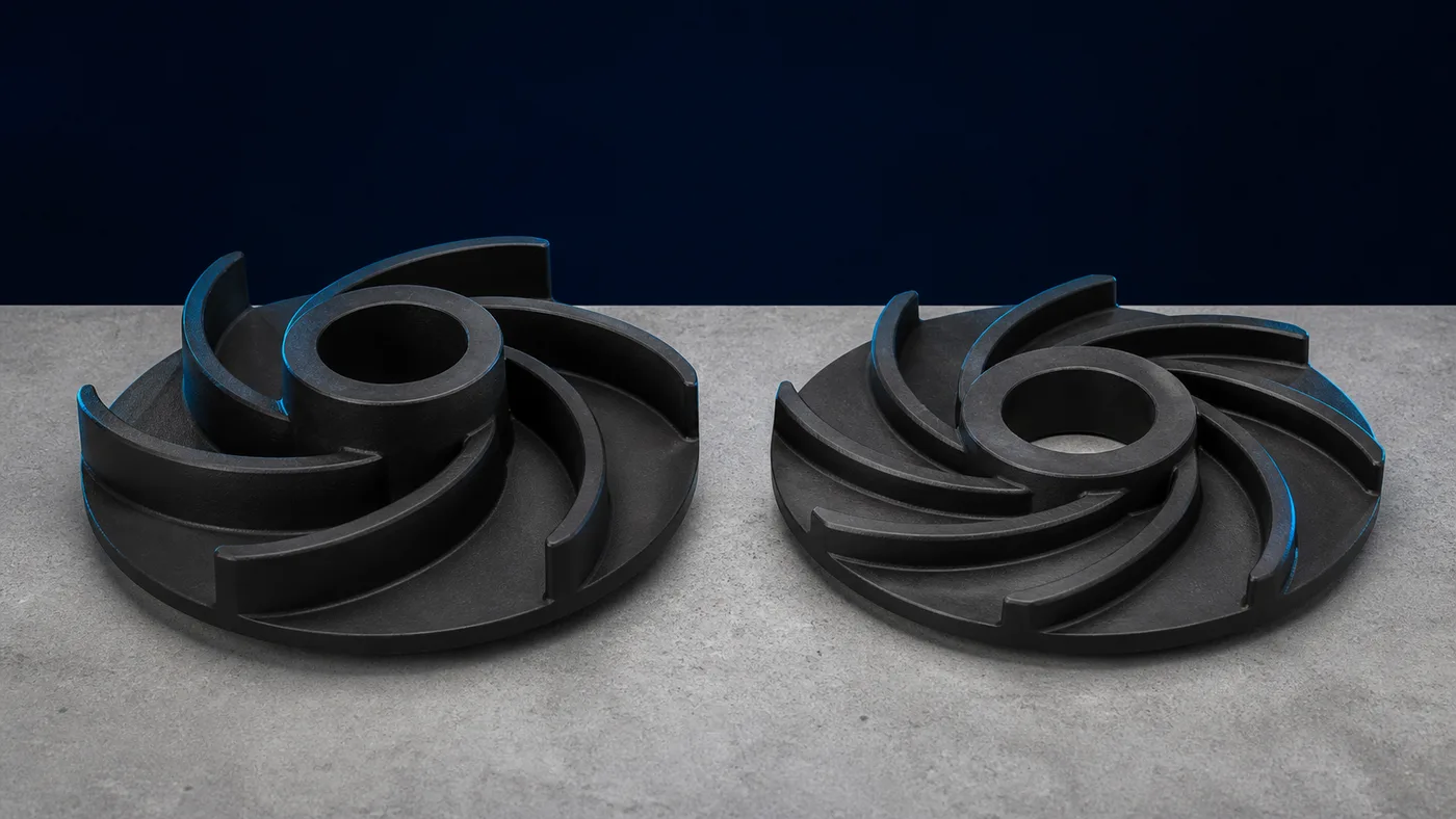 Two nearly identical pump impellers with different vane counts side by side