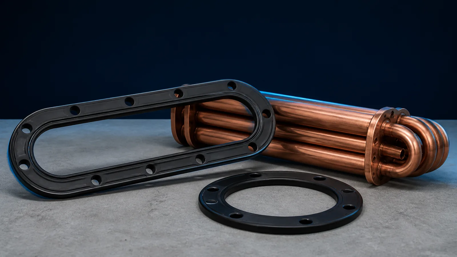 Pool heater header and flange gaskets beside a section of heat exchanger tubing