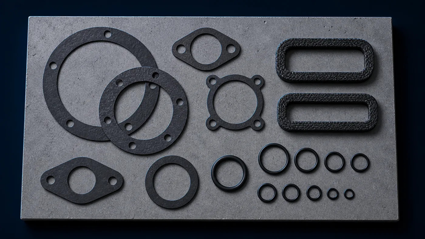 An assortment of pool heater gaskets and seals grouped by size