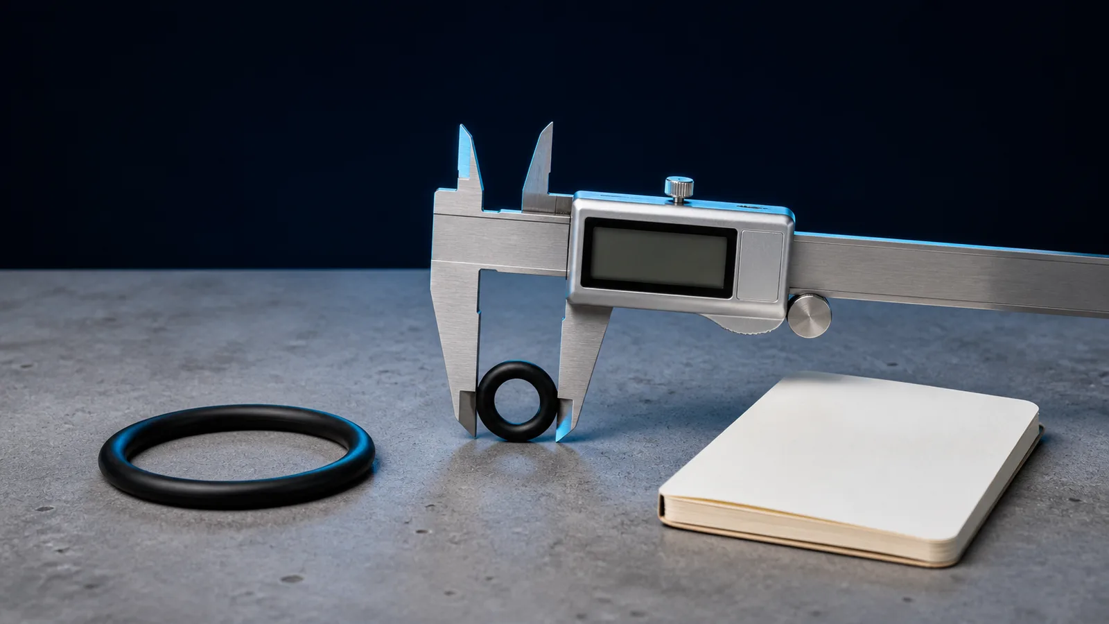 Digital calipers measuring the cross-section of a rubber o-ring