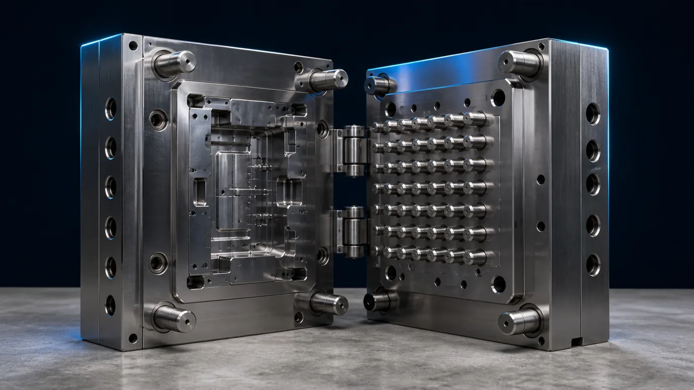 An open injection mould showing cavity, cooling ports and ejector pins