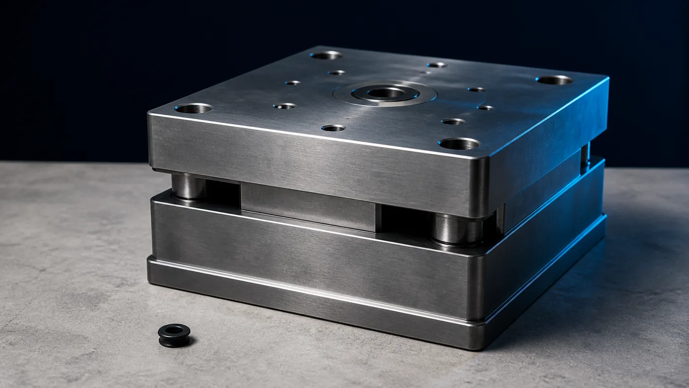 A small low-value part beside the mould block it would take to produce it