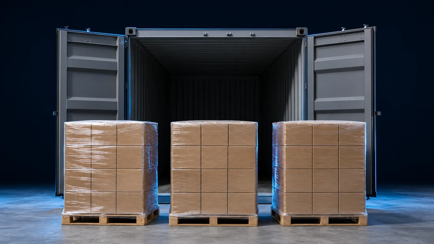 Shrink-wrapped pallets waiting at the open door of a shipping container