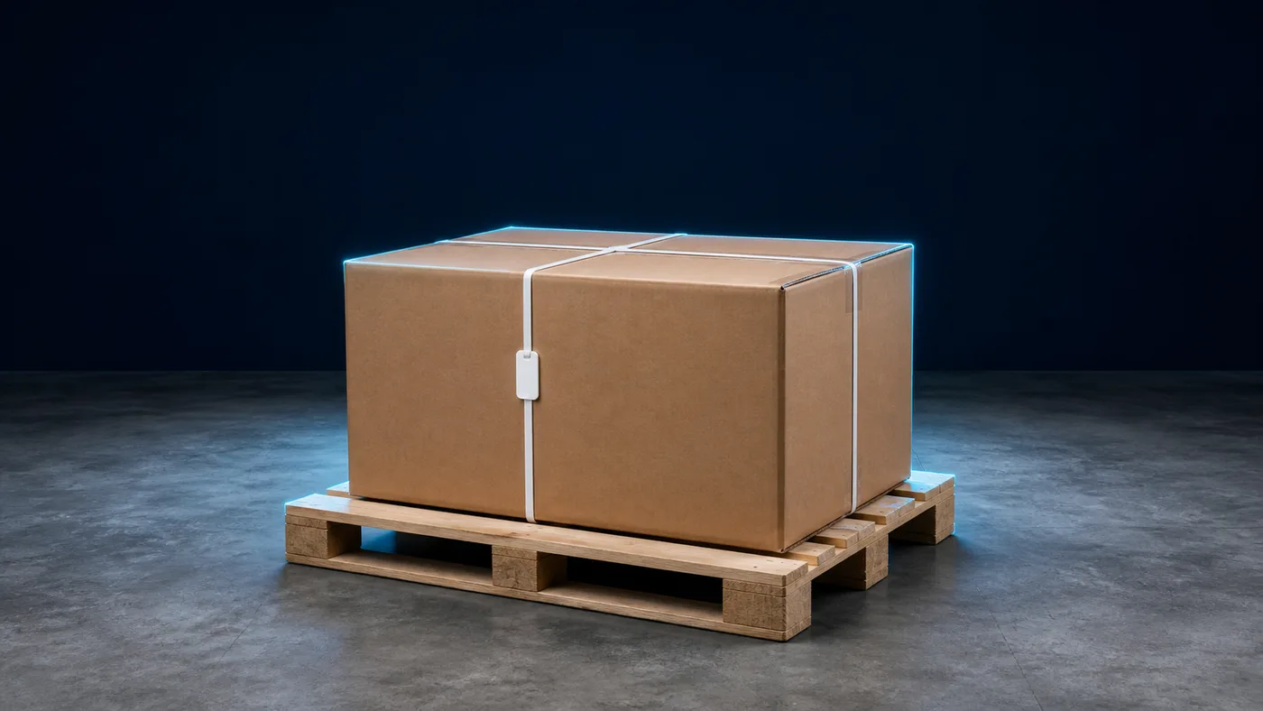 A sealed and strapped carton on a pallet, packed but not yet released