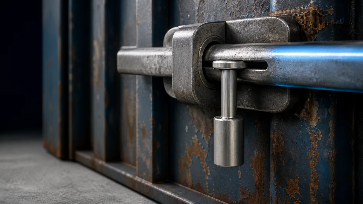 A bolt seal closed through the locking bar of a container door