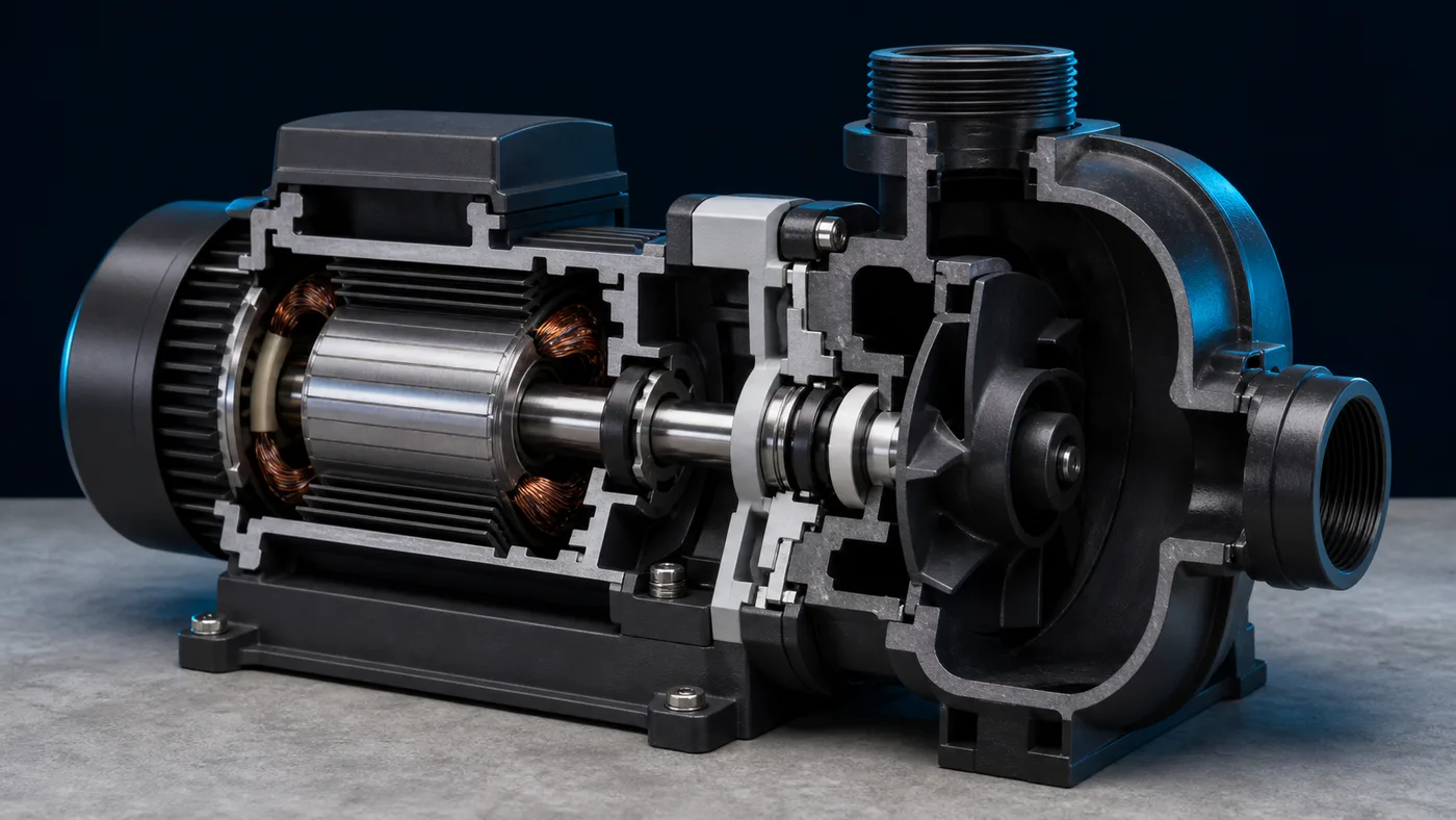 Cutaway showing where the shaft seal sits between motor and impeller