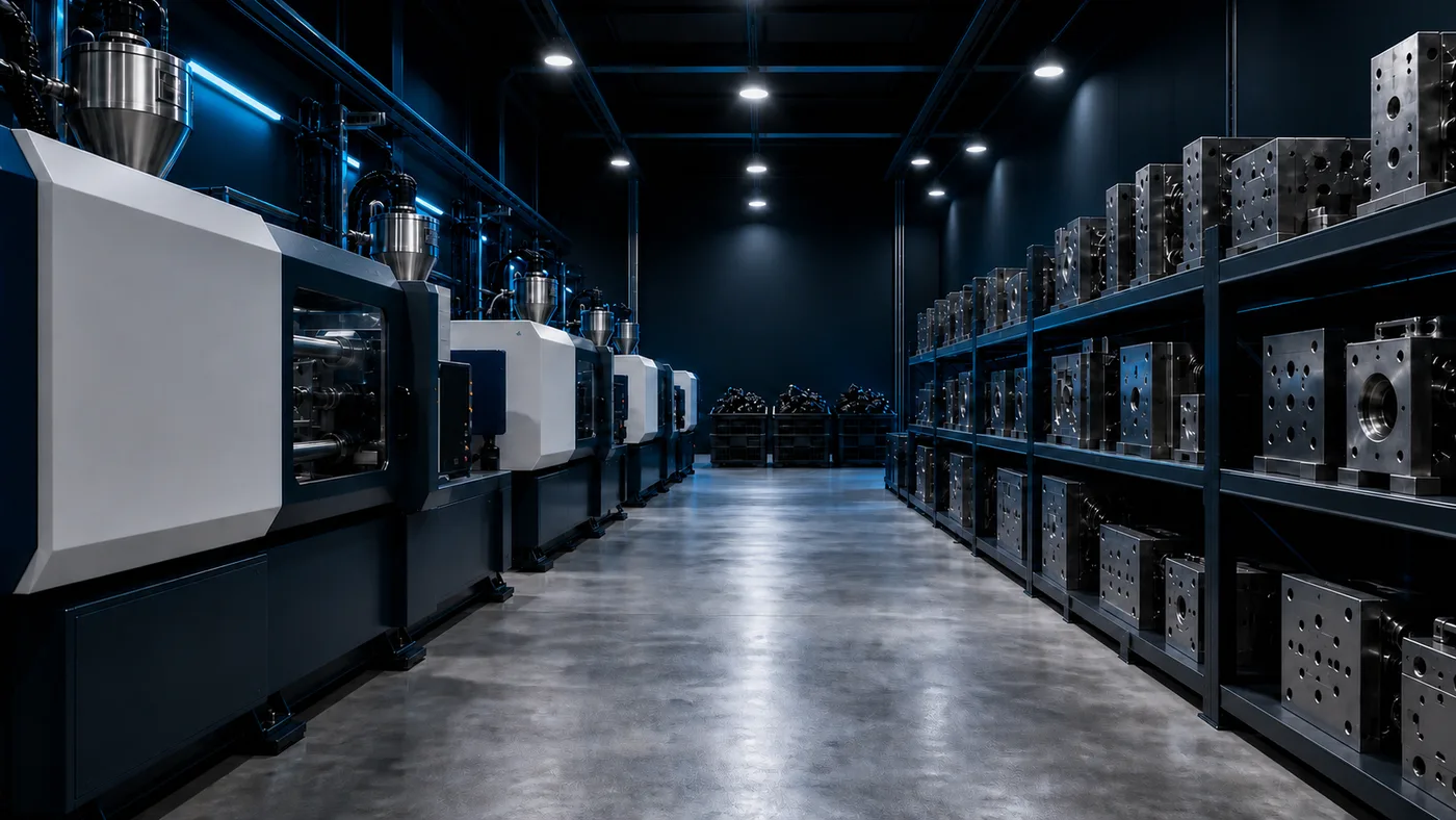 A moulding shop floor with machines, mould racks and finished parts in one frame