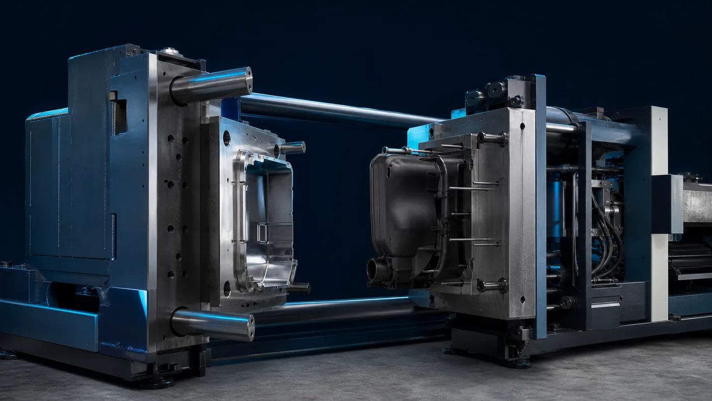 A mould opening mid-cycle with a freshly moulded part on the ejector side