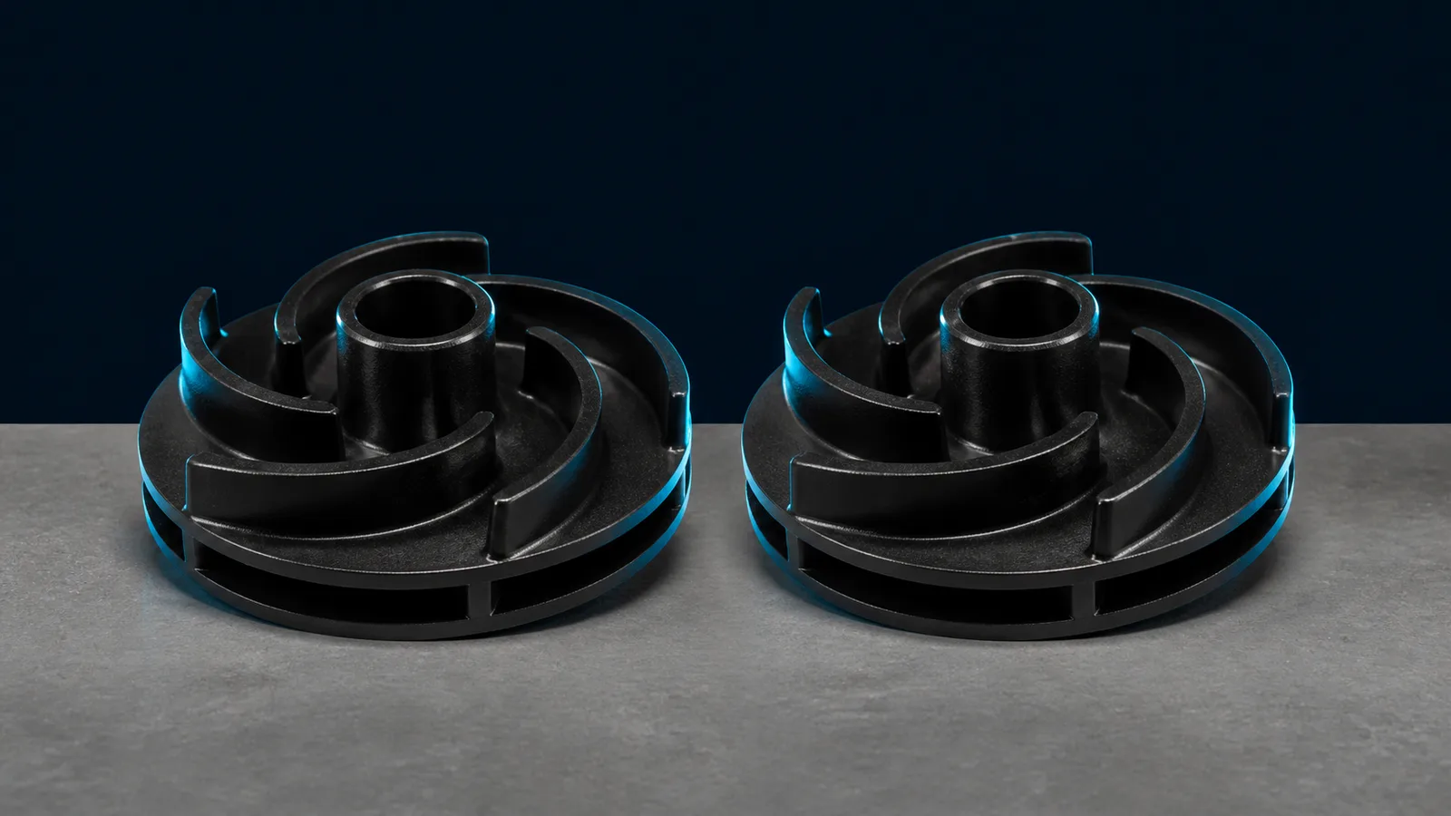 Two visually identical pool pump impellers side by side