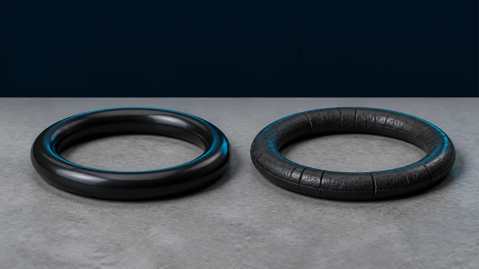 A new o-ring beside one that has hardened, flattened and cracked