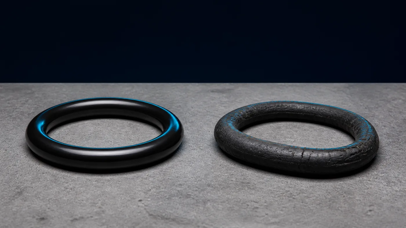 A new O-ring beside one swollen and cracked by the wrong elastomer choice