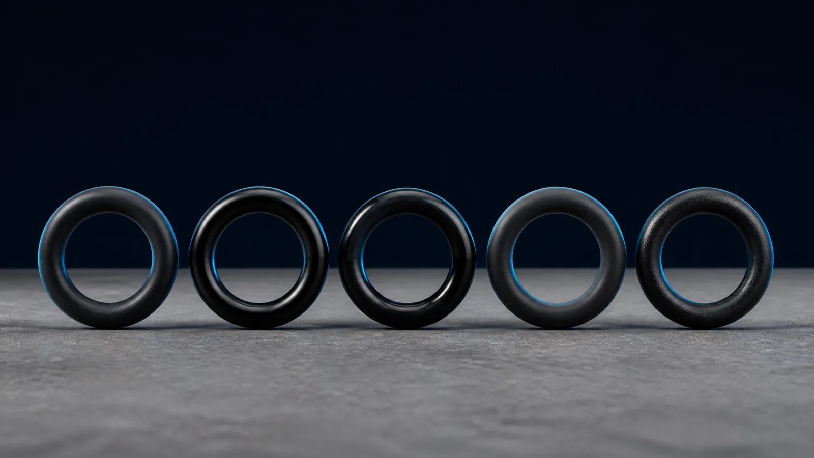 Five o-rings of the same size in different elastomer compounds