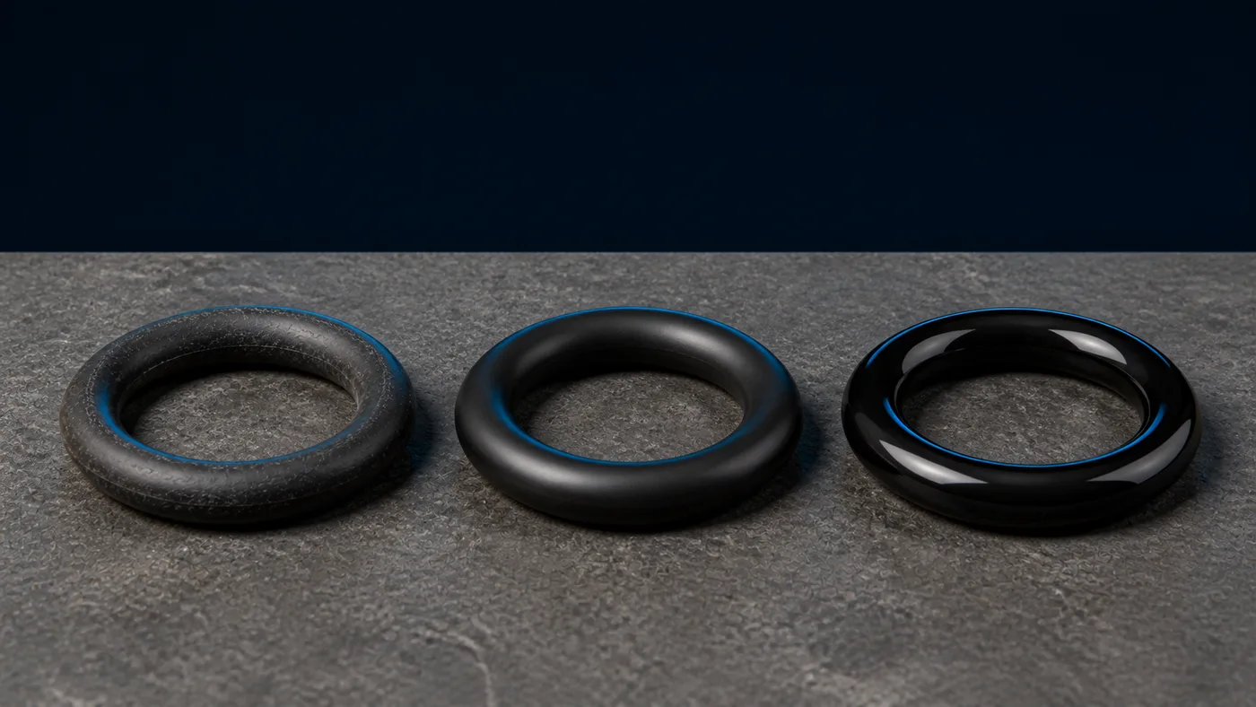 Three elastomer O-rings of the same size with visibly different surface finishes