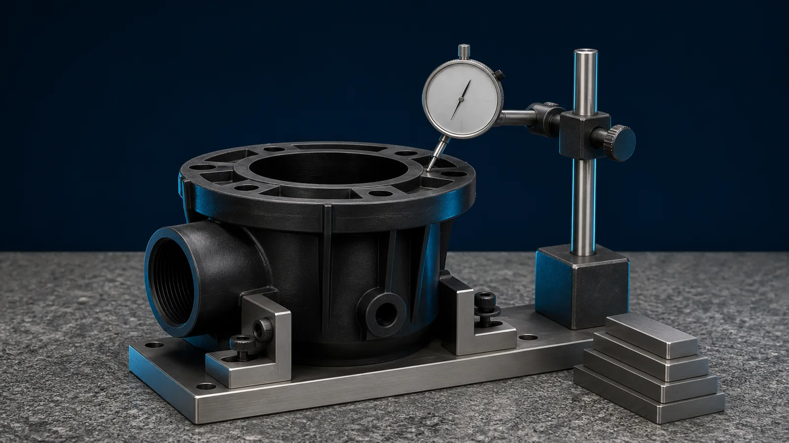 Moulded part in an inspection fixture with a dial indicator on its sealing face