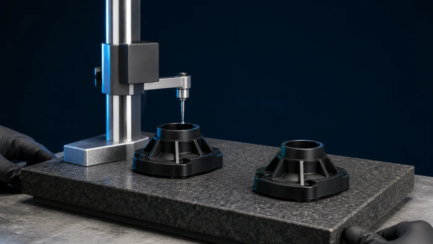 A first-article part set up on a surface plate for inspection