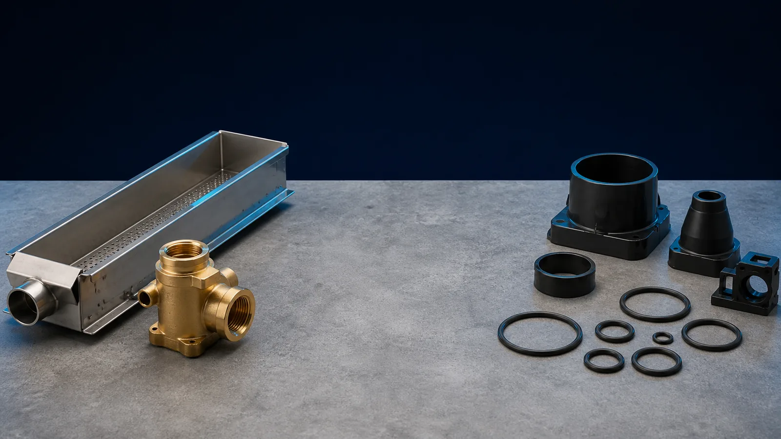 Gas burner tray and valve body separated from a group of gaskets and moulded parts