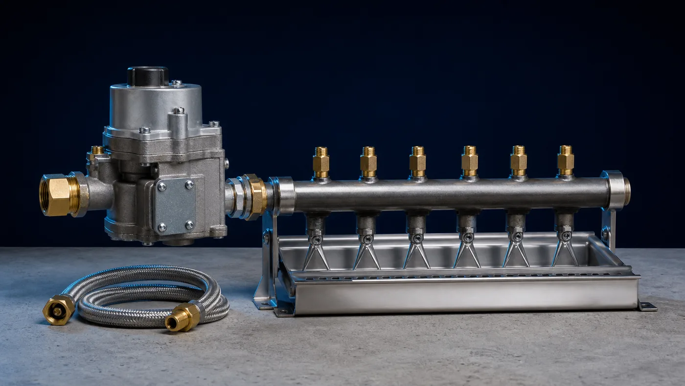 A heater gas train: combination valve, manifold and burner tray