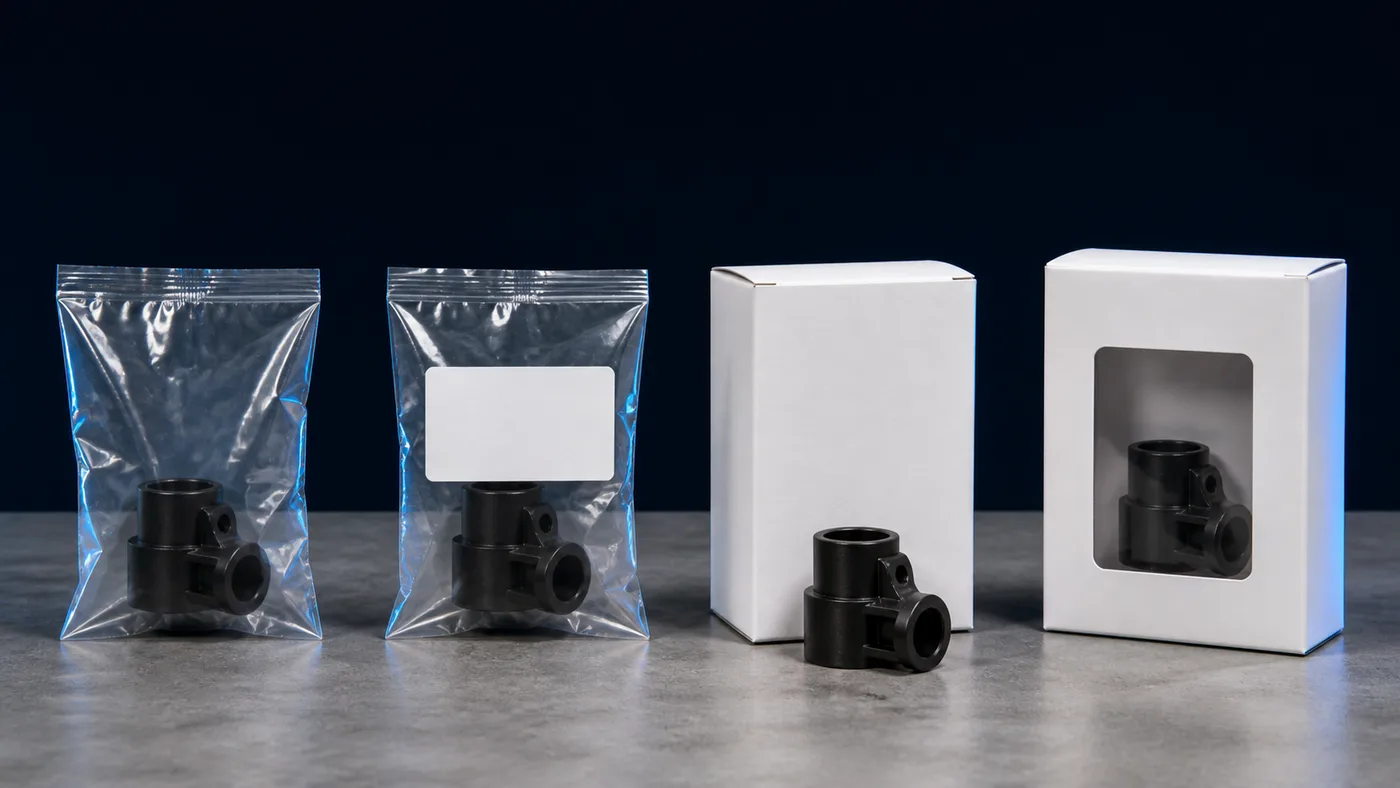 Four levels of packaging from bare polybag to printed retail carton, all blank