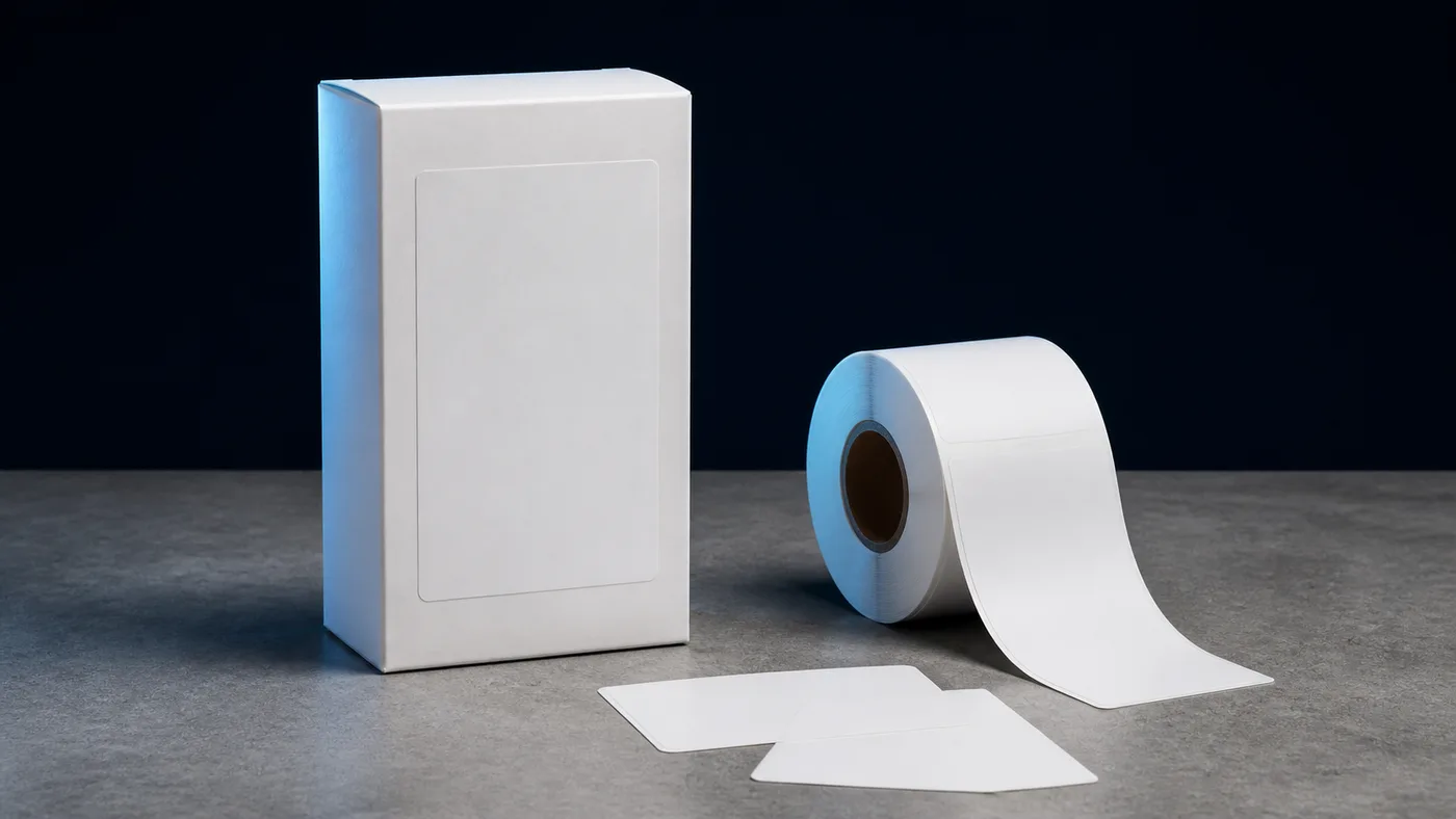 A plain white carton beside a roll of blank labels