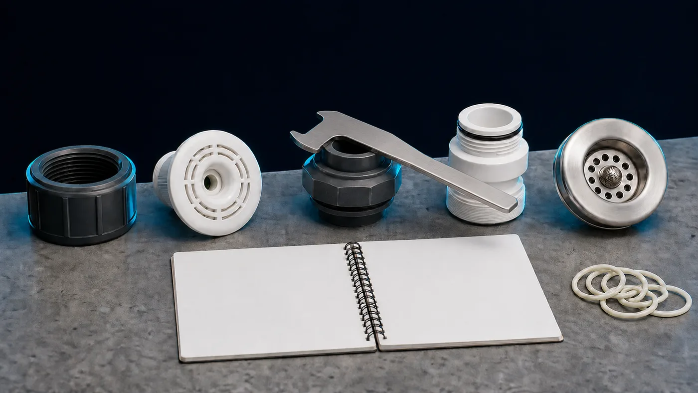 Sample parts laid out for inspection with calipers and an empty notebook