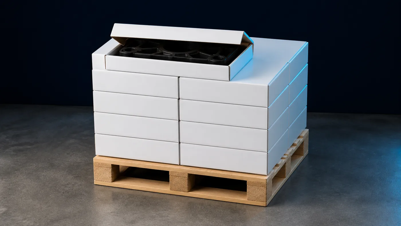A short production run of plain white boxes stacked on a pallet