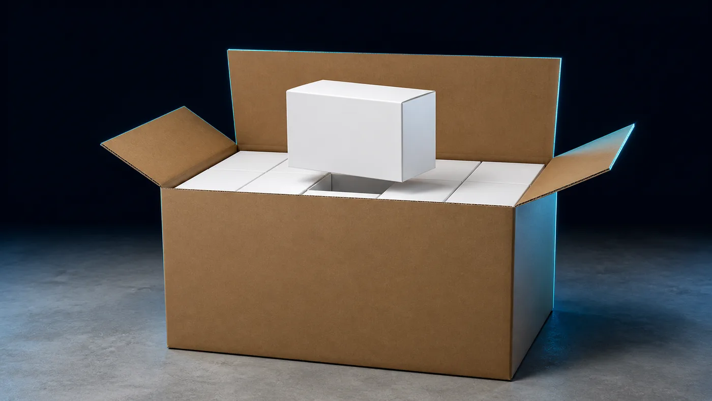 Retail boxes nested inside the shipping carton that carries them