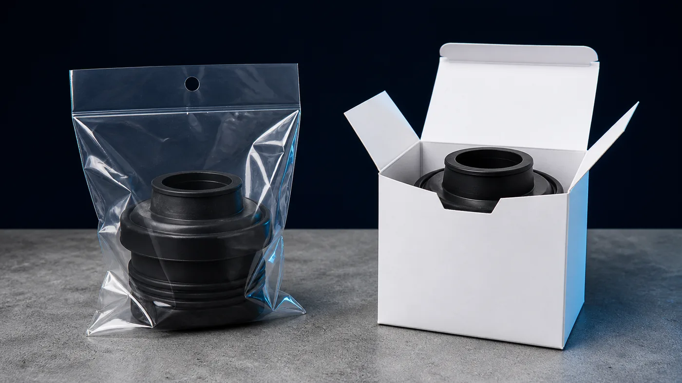 The same part presented in a polybag and in a folding carton
