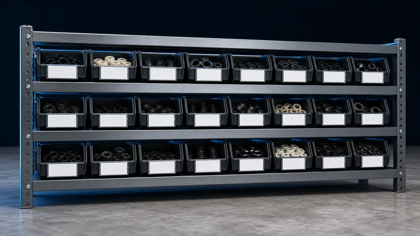 Warehouse bins on shelving with empty white label holders