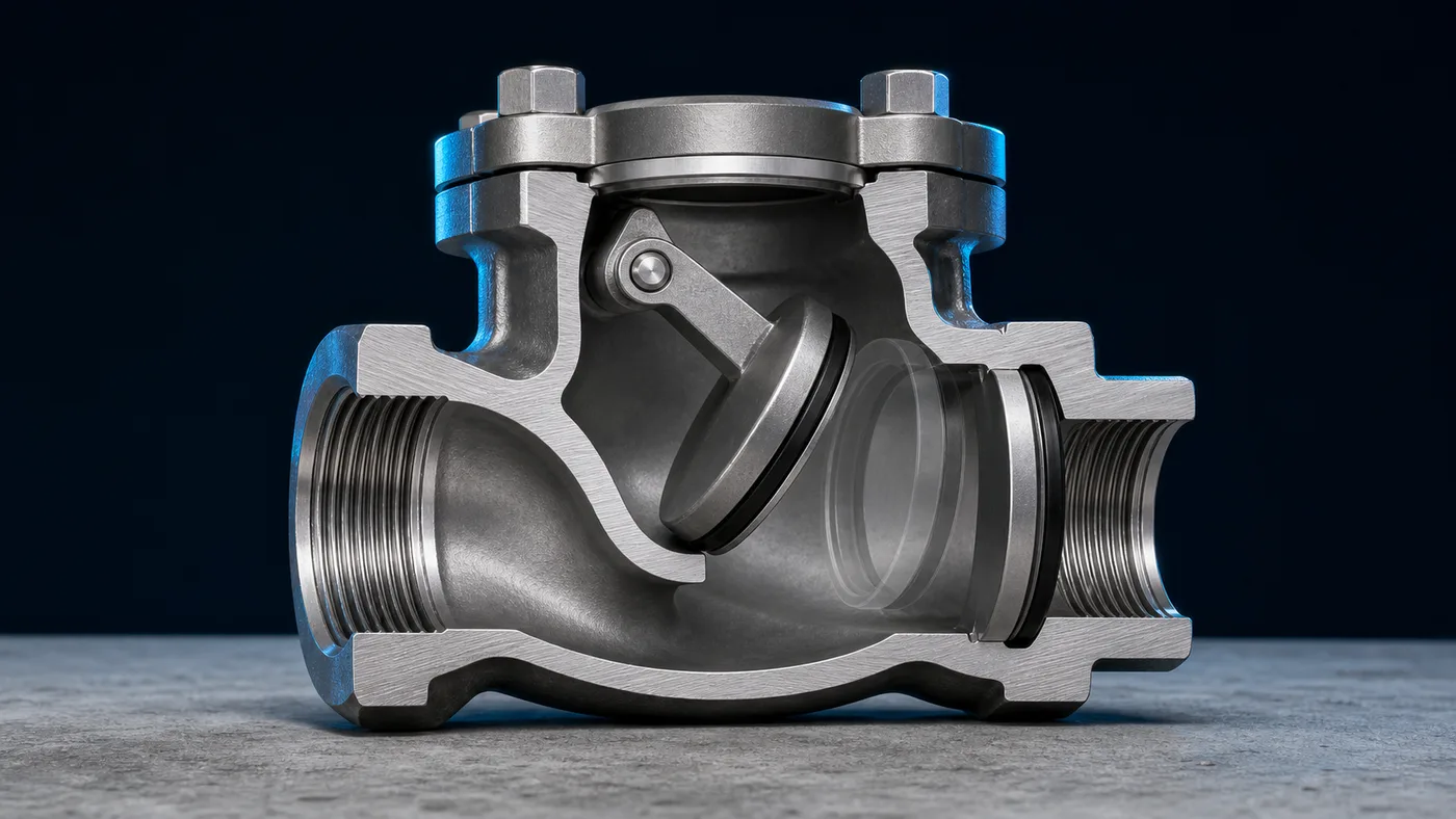 Cutaway of a check valve flapper in open and closed position