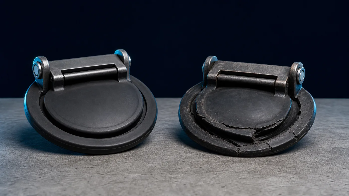 Worn check valve flapper next to a new one
