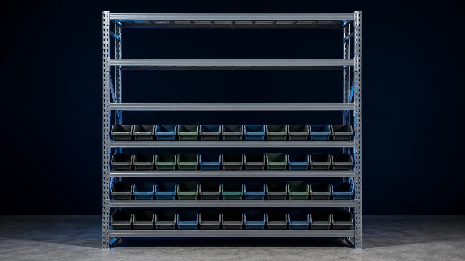 Warehouse shelving densely packed at the bottom and nearly empty at the top