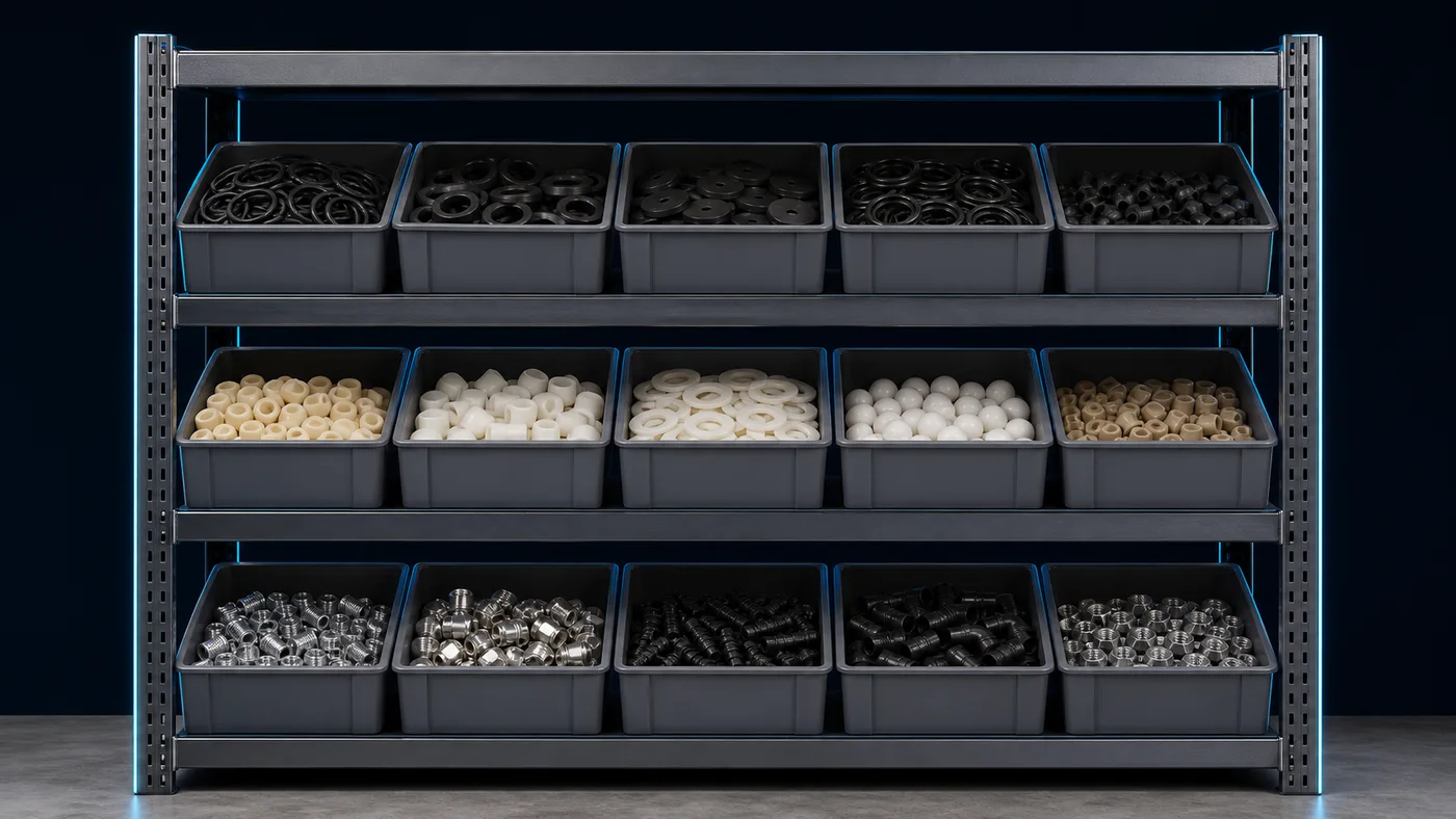 A shelving bay holding the fast-moving core of a parts inventory
