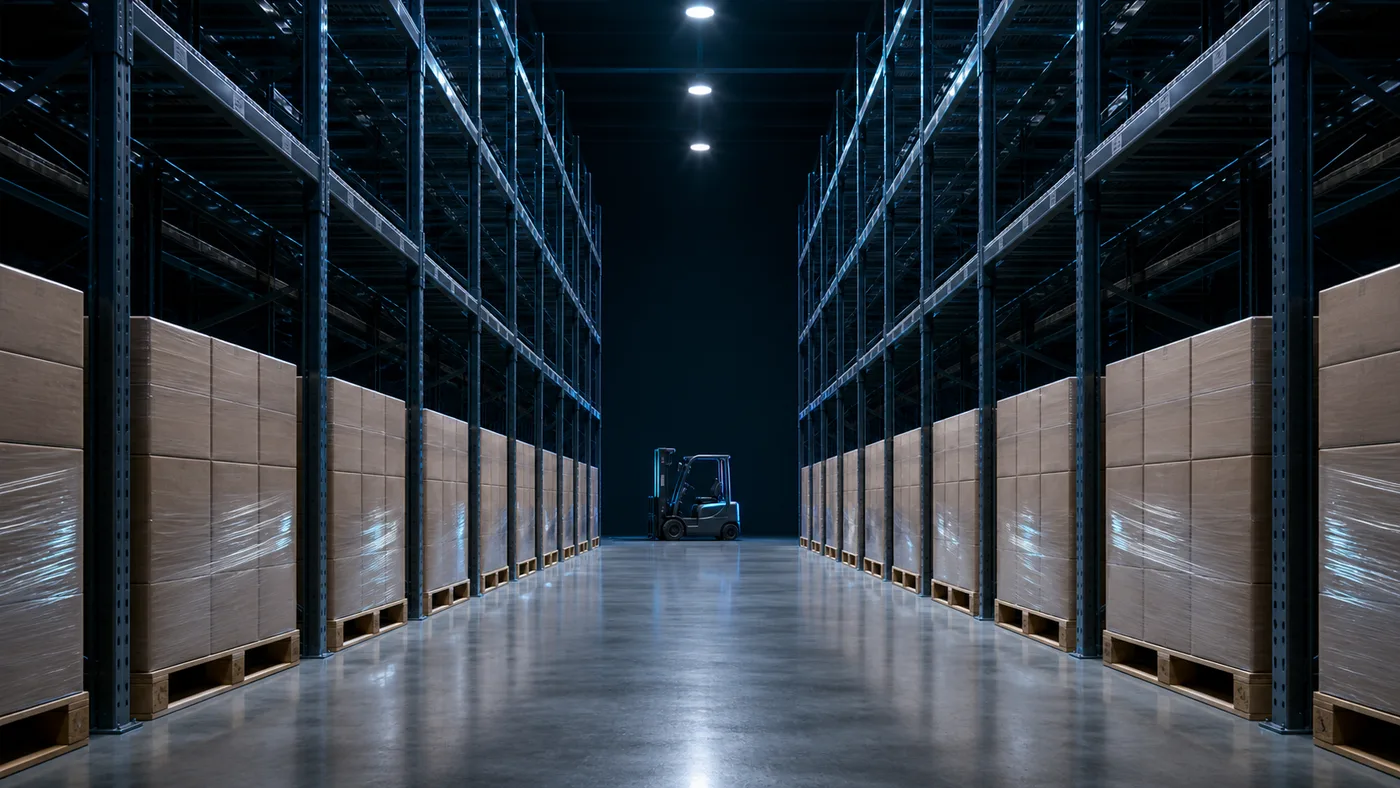 A partly stocked warehouse aisle before the season