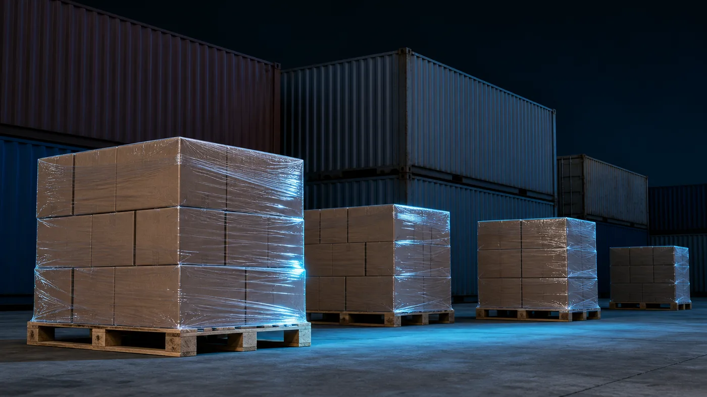 Stacked pallets waiting in a container yard at dusk