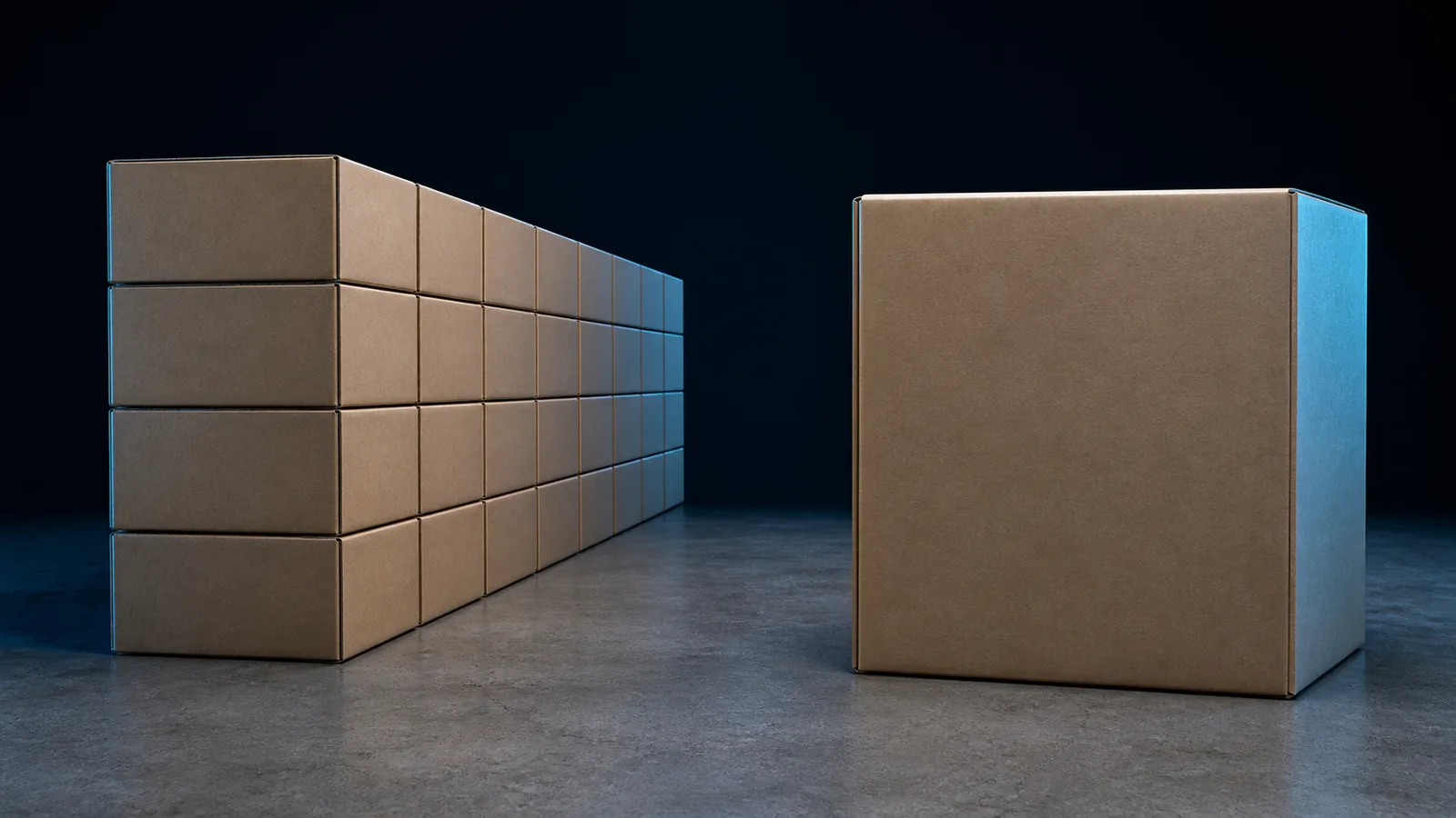 A deep stack of identical small boxes beside a single large boxed item