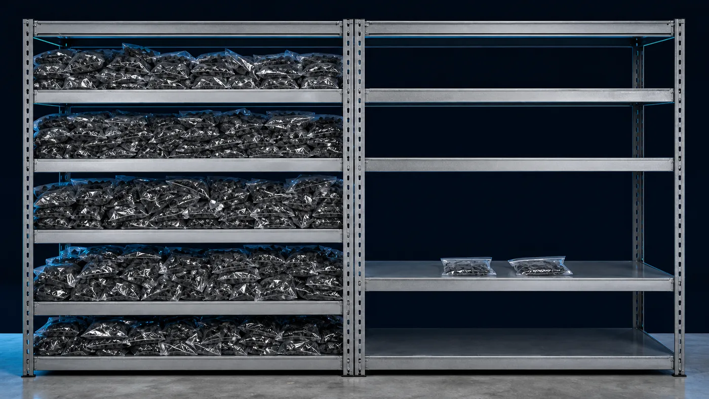 A densely stocked shelf beside an almost empty one