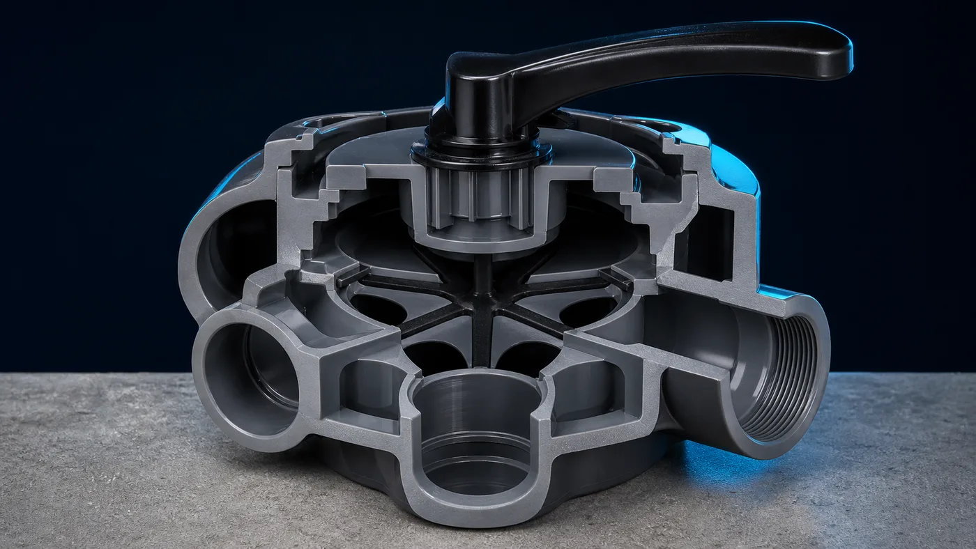 Cutaway of a multiport valve showing the spider gasket