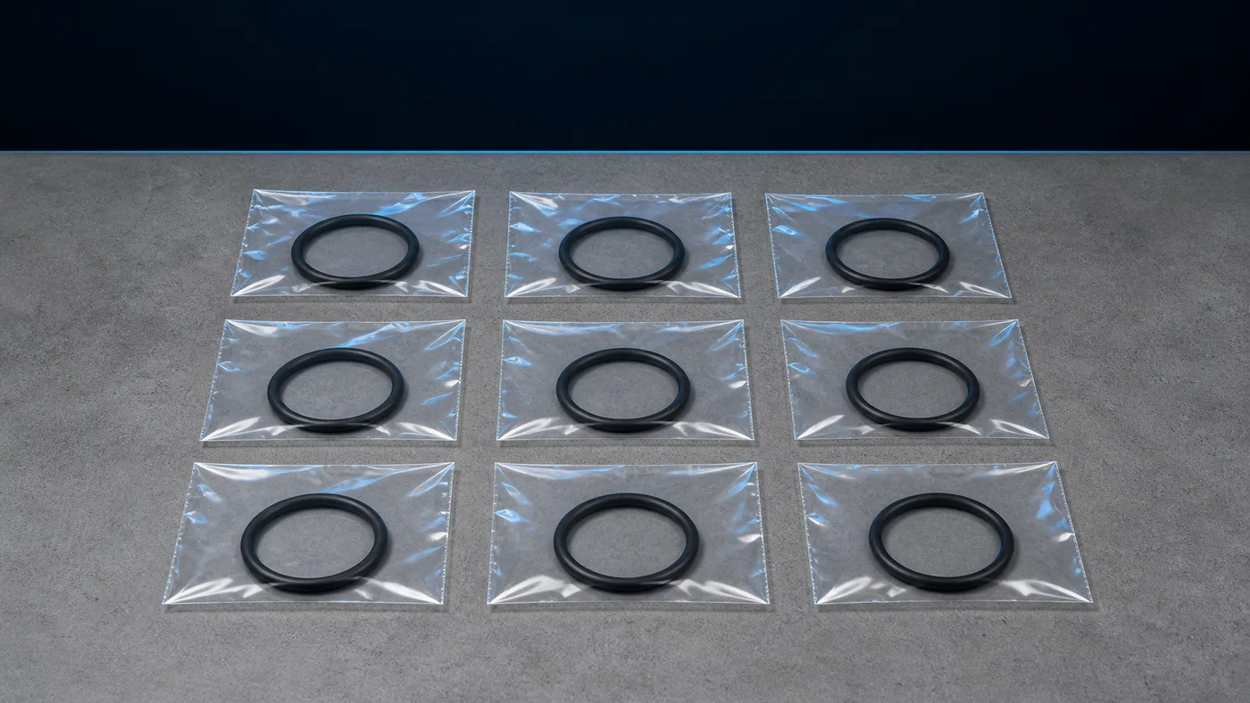 Visually identical seals in separate blank bags arranged in a grid