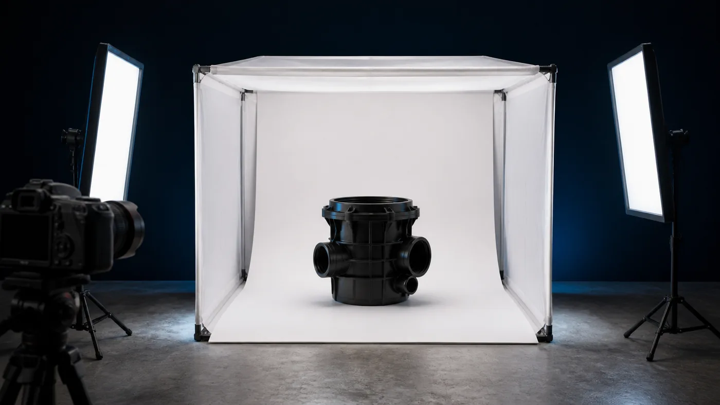 A part being photographed on a white sweep inside a light tent