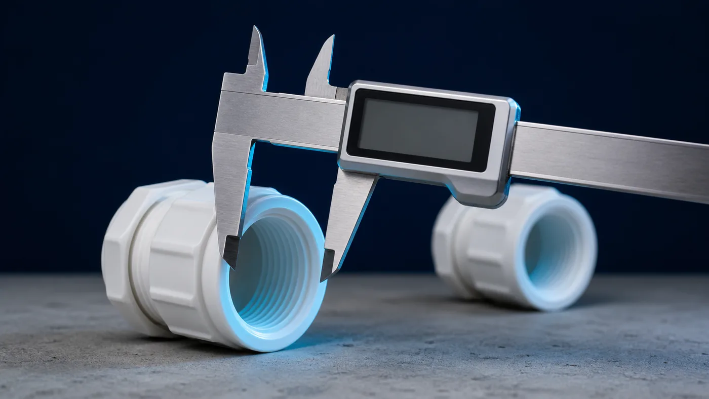 A caliper set across the bore of a fitting, display blank